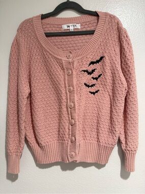 Girls' Dusty Pink Knit Button-Front Cardigan with Bat Motif